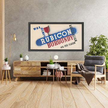 A framed image of W. & A. Gilbey Australian Rubicon Burgundy Vintage Wine Poster by Edward McKnight Kauffer, 1933