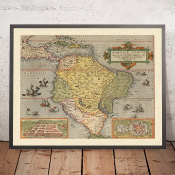 Old Map of South America by de Jode, 1578: first atlas map of the continent; Cusco & Mexico City insets; sea monsters