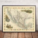 Mapa antiguo de México, California y Texas de Tallis, 1851: fiebre del oro, República de Texas, Yucatán, Río Grande, frontera previa a Gadsden 
