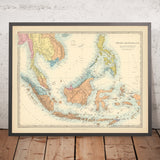 Mapa antiguo del sudeste asiático por SDUK, 1872: Era colonial, rutas marítimas asiáticas 