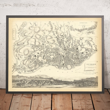 Antigua mapa de Lisboa, 1833: São Jorge, Praça do Comércio, Bairro Alto, Alfama, río Tajo 