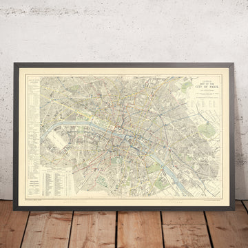 Antiguo mapa omnibus de París de Letts, 1892: Sena, Louvre y Tullerías, Notre Dame, Ópera, Inválidos 