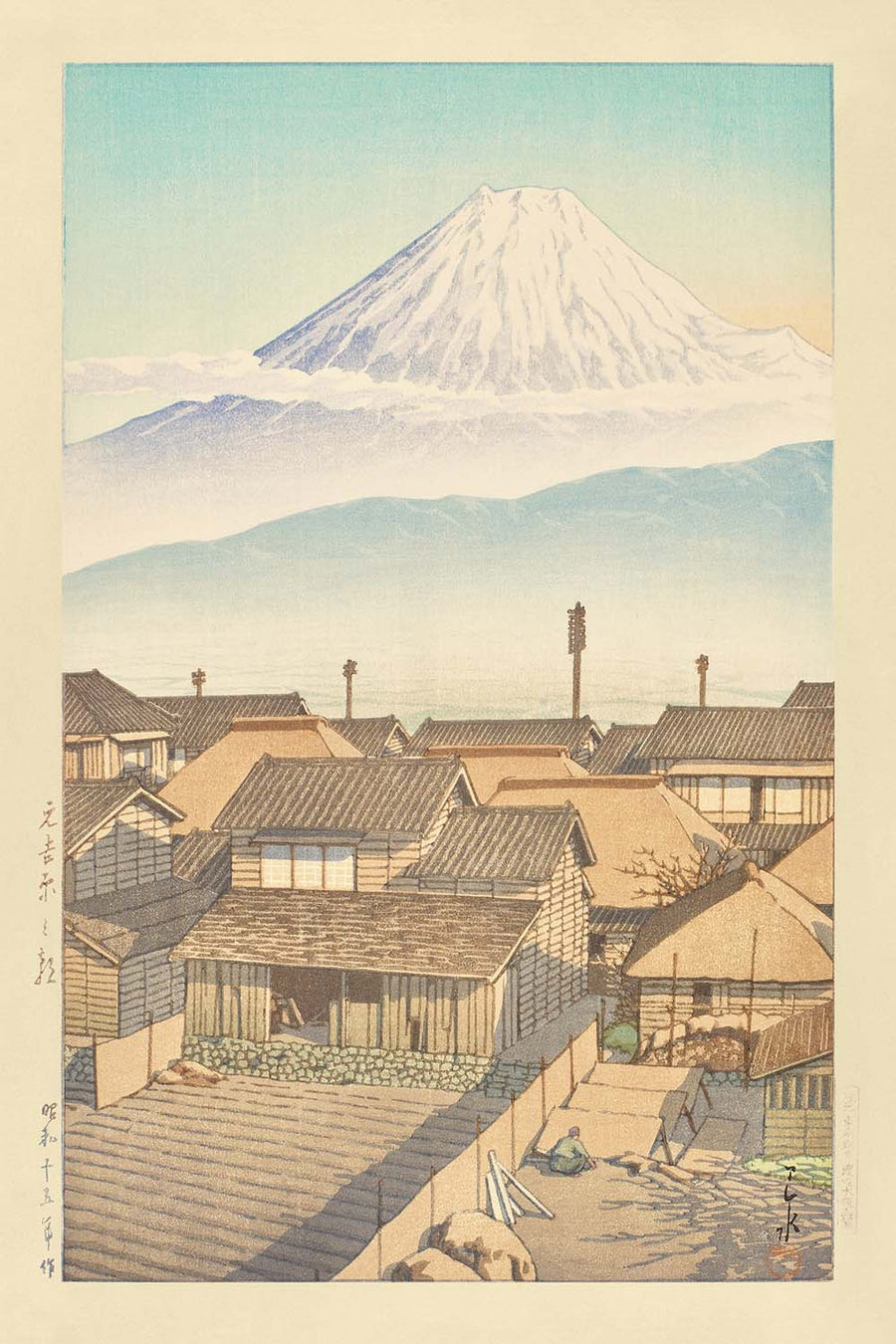 Morning in Motoyoshiwara with Mt Fuji by Hasui Kawase 1935
