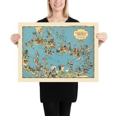 Pictorial Map of Caribbean & Central America by Ruth Taylor White, 1935: Panama Canal, Puerto Rico, Havana, San Juan, Santo Domingo