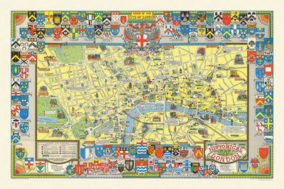 Antiguo mapa ilustrado de Londres por Bullock, 1965: Torre de Londres, San Pablo, Westminster, Hyde Park, Soho.