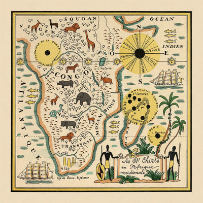 Mapa antiguo de Sudáfrica de Mazuyer, 1931: estilo pictórico, fauna autóctona, brújula decorativa