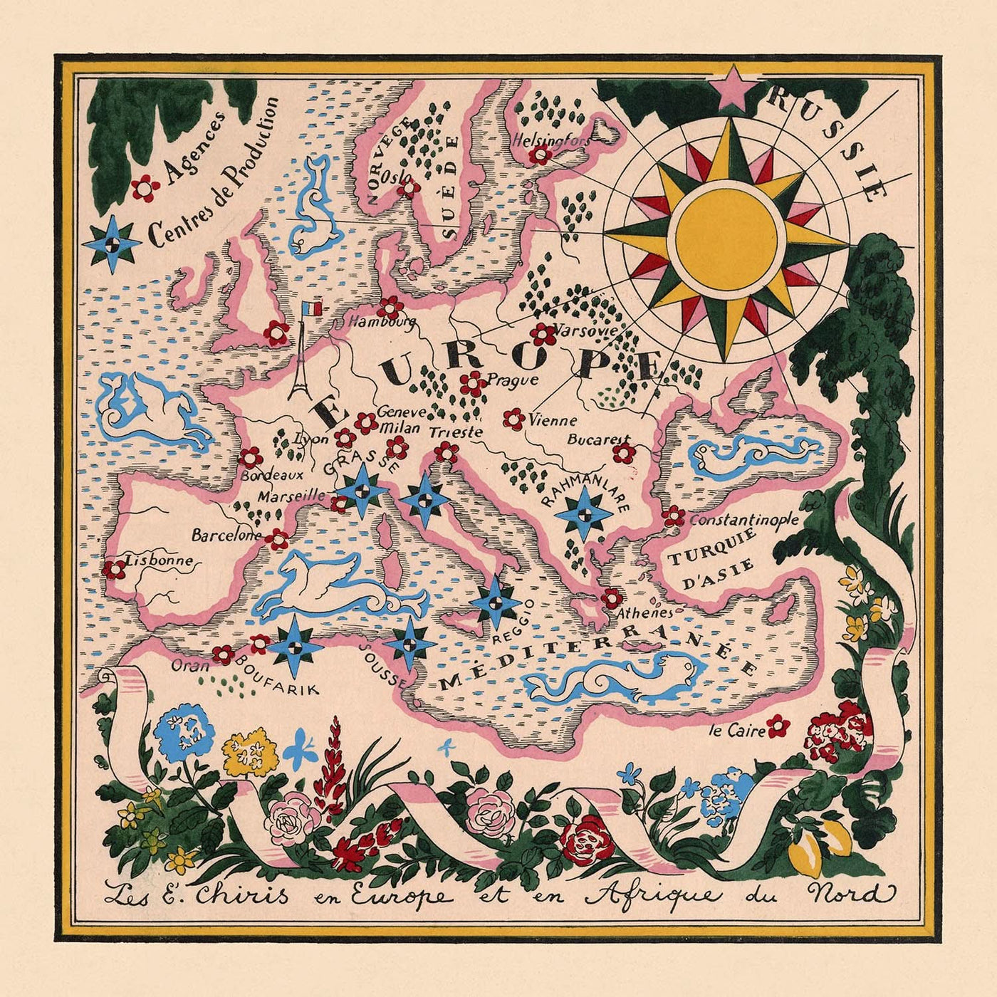 Mapa antiguo de Europa y el norte de África de Mazuyer, 1931: estilo pictórico, borde floral, rosa de los vientos