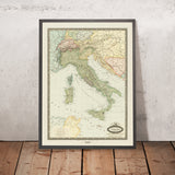 Ancienne carte de l'Italie par Garnier, 1861 : Unification, Rome, Milan, Venise, Alpes, fleuve Po 
