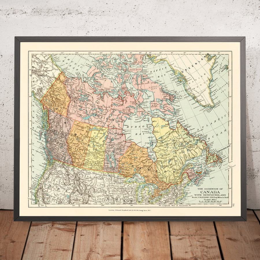 Mappa antica del Canada di Stanford, 1926: Toronto, Baia di Hudson, Ferrovie 