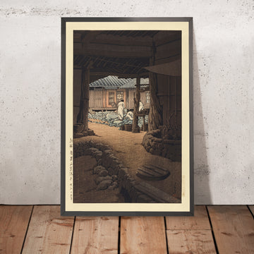 A framed image of Chunum Temple on Mt. Chiri Korea by Hasui Kawase 1935