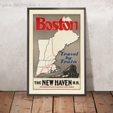 Poster di viaggio di Boston: Viaggiate in treno con la New Haven Railroad, 1930 