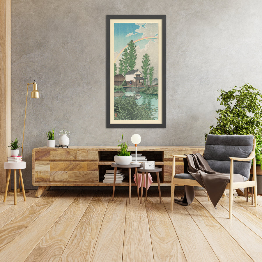 A framed image of Summer at Itako with Rainbow by Hasui Kawase, 1935