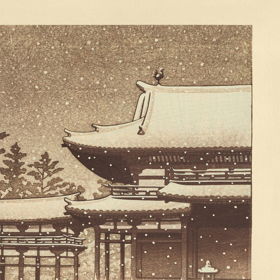 Evening Snow at Byodoin Temple (Phoenix Hall) by Hasui Kawase, 1935