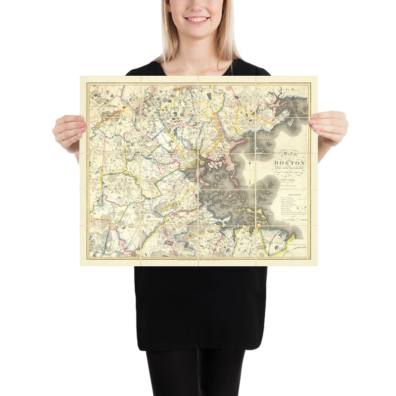 Prima grande mappa antica della Grande Boston di Hales, 1819: Cambridge, Salem, Harvard, Boston Sound 