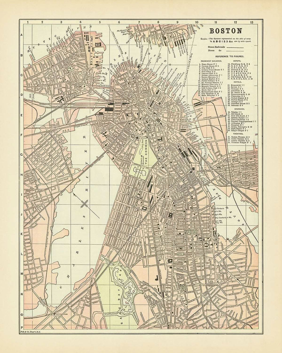 Mappa antica di Boston di Fisk & Co., 1893: The Common, Giardino Pubblico, The Fens, Fiume Charles, Franklin Park 