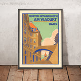 Affiche de voyage de Bâle : Muster-Wohnungen Am Viadukt Basel de Rudolf Dürrwang, 1912 
