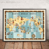 Old Qantas Airlines World Map by Drew, 1950: Australia-centered; BOAC-TEAL; Kangaroo Route