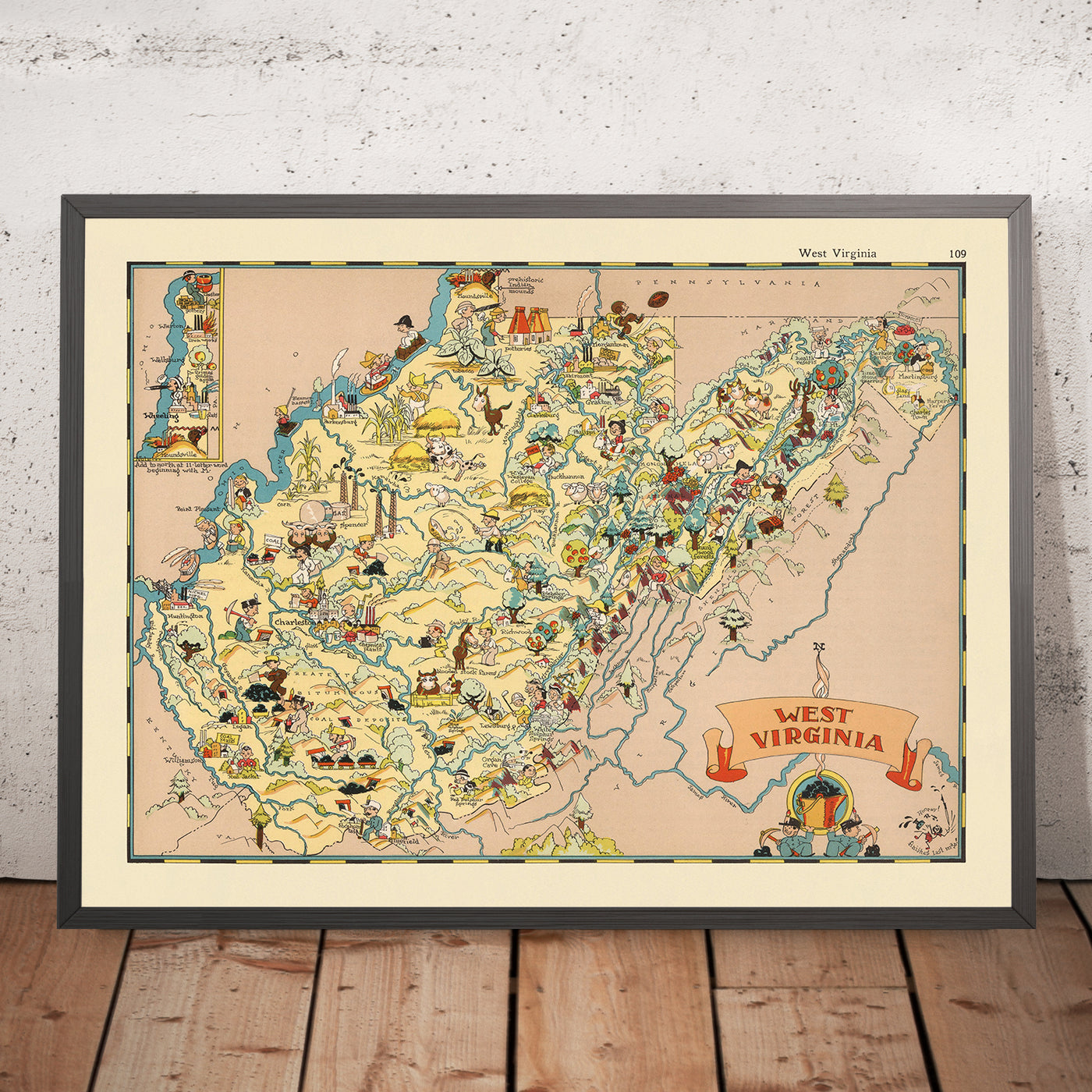 Pictorial Map of West Virginia by Ruth Taylor White, 1935: Charleston, Huntington, Coal Mining, Counties, Appalachia