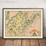 Mapa pictórico de Virginia Occidental por Ruth Taylor White, 1935: Charleston, Huntington, minería del carbón, condados, Appalachia 
