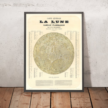 Old "La Lune" Map of the Moon by Gaudibert, 1877: 509-crater index, maria and rays, heliogravure