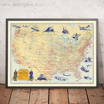 Mappa militare antica degli Stati Uniti di Rand McNally, 1944: Seconda Guerra Mondiale, aeroporti, basi navali e militari 
