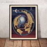 Mapa Mundi de Proyección Polar de Aerolínea Antiguo por SAS, 1960: Diseño Espiral, Rutas Globales 