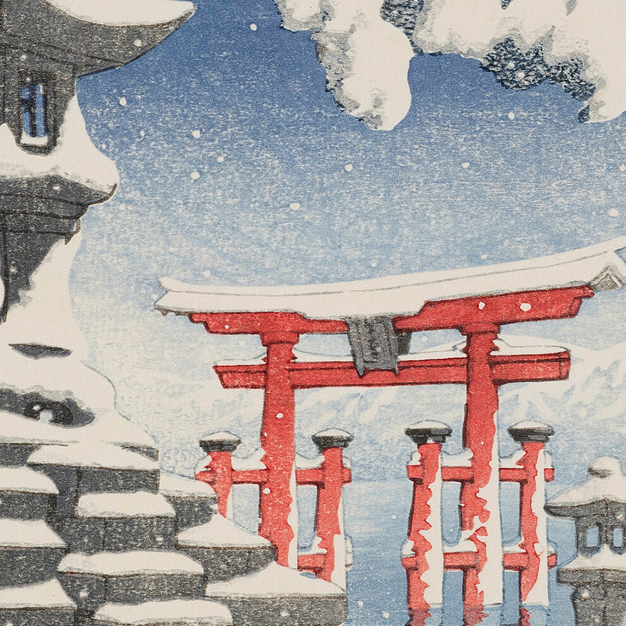 Nieve en Itsukushima con Torii Shinto por Hasui Kawase, 1935 