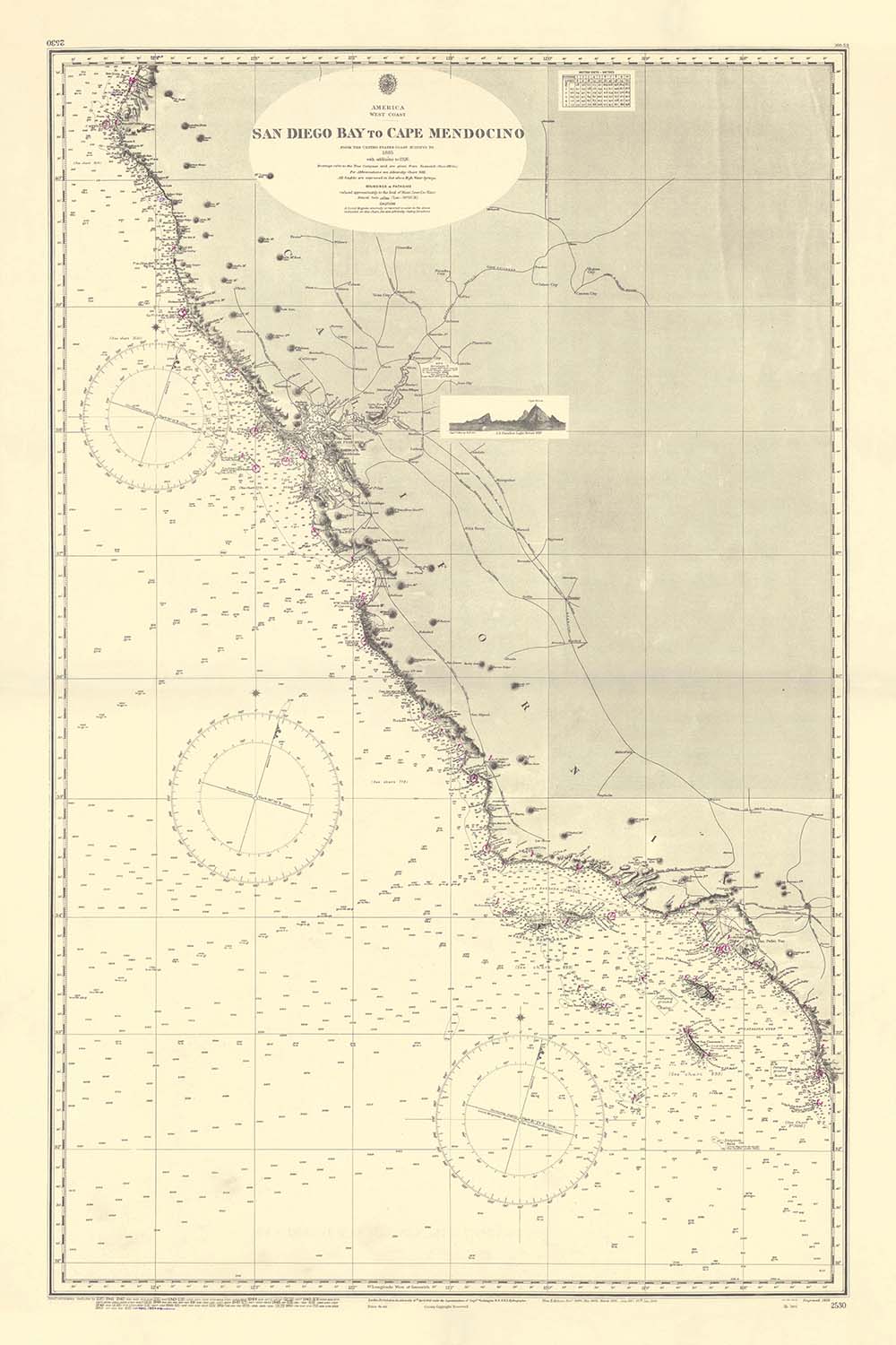 Old Californian Coast Map, 1955: SF Bay, LA Harbor, San Diego to Cape Mendocino Nautical Chart