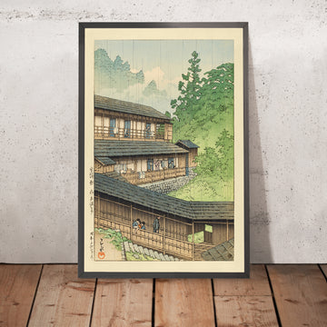 A framed image of Sakunami Onsen Hot Spring in Miyagi Prefecture by Hasui Kawase 1935