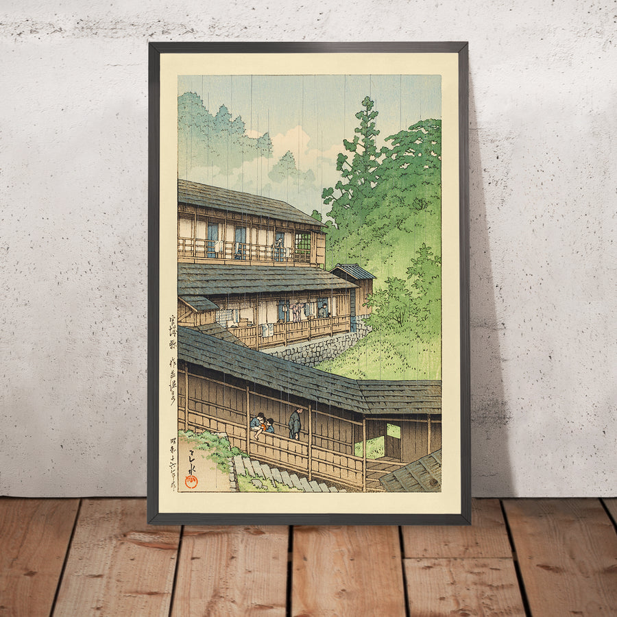 A framed image of Sakunami Onsen Hot Spring in Miyagi Prefecture by Hasui Kawase 1935