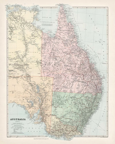 Ancienne carte de l'Australie orientale par Stanford, 1887 : Sydney, Melbourne, Brisbane, Great Dividing Range, chemins de fer