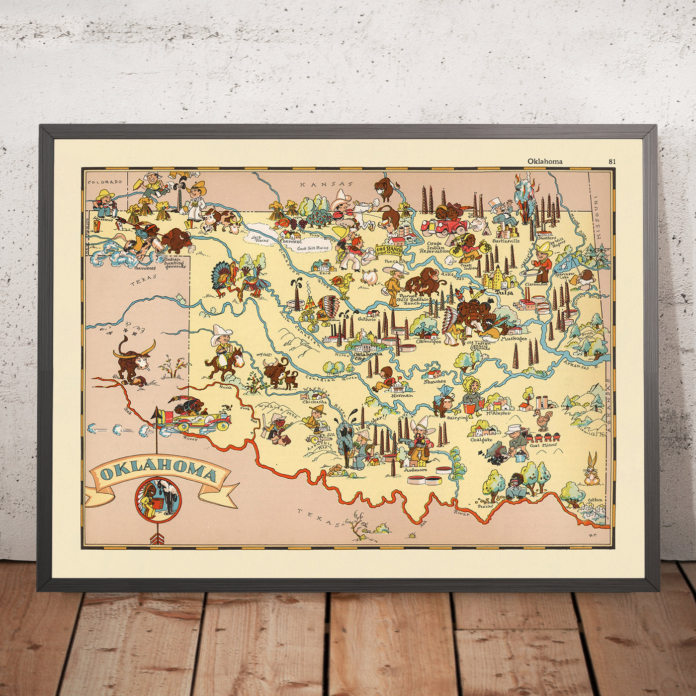 Pictorial Map of Oklahoma by Ruth Taylor White, 1935: Oklahoma City, Tulsa, Oil Fields, Native American Motifs, Dust Bowl Era