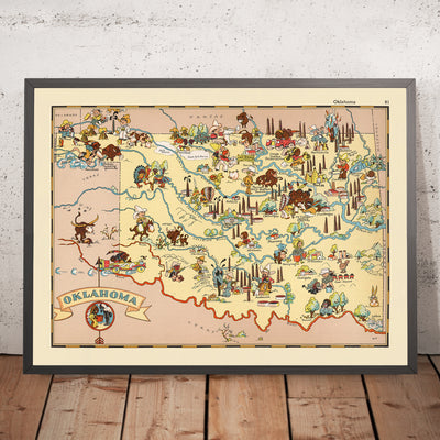 Pictorial Map of Oklahoma by Ruth Taylor White, 1935: Oklahoma City, Tulsa, Oil Fields, Native American Motifs, Dust Bowl Era