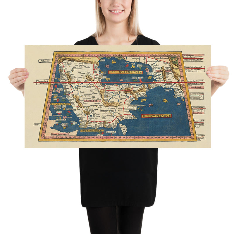 Mappa antica della penisola arabica di Tolomeo, 1482: Arabia Felix, Mar Rosso, Golfo Persico, Carmania 