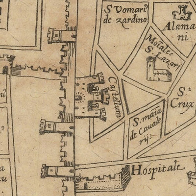 Mapa antiguo de Acre de Vesconte, 1611: Templarios, Hospitalarios, Portus Pisani, Torres, Iglesias