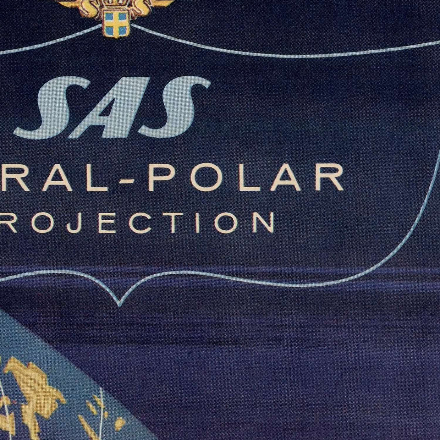 Alte Weltkarte, Polarprojektion der Fluggesellschaften von SAS, 1960: Spiraldesign, globale Routen, Luftfahrtzeitalter.