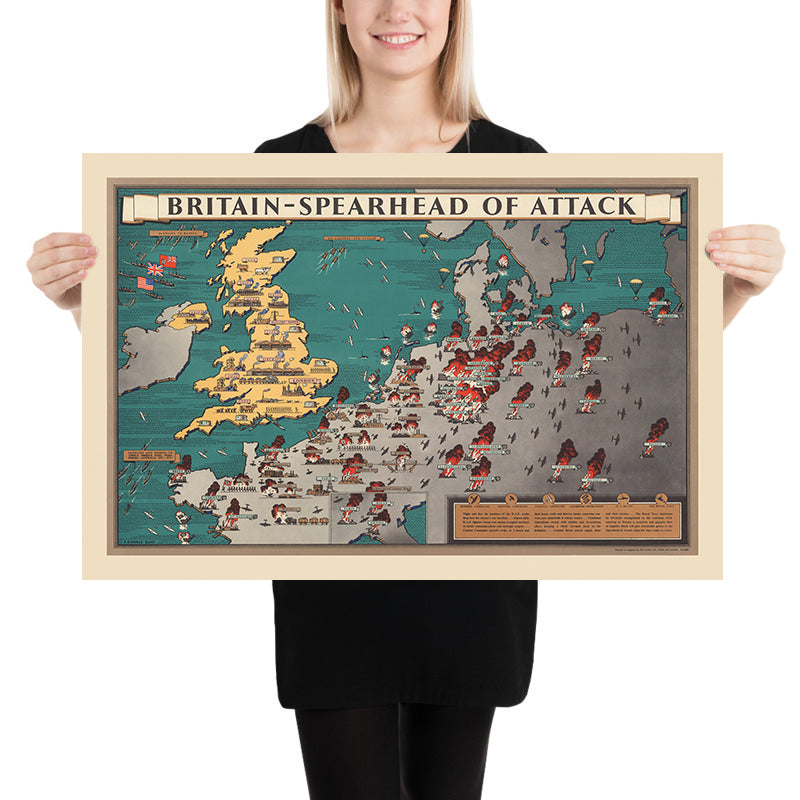 Ancienne carte militaire picturale de la Grande-Bretagne pendant la Seconde Guerre mondiale par Blake, 1944 : Manche, offensives alliées 