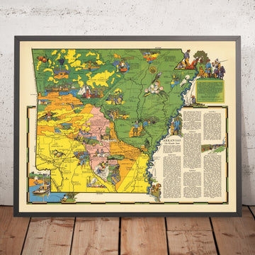 Old Pictorial Map of Arkansas History by Aitchison, 1941: Little Rock, Arkansas Post, Quapaw Treaty, Civil War, Ozarks