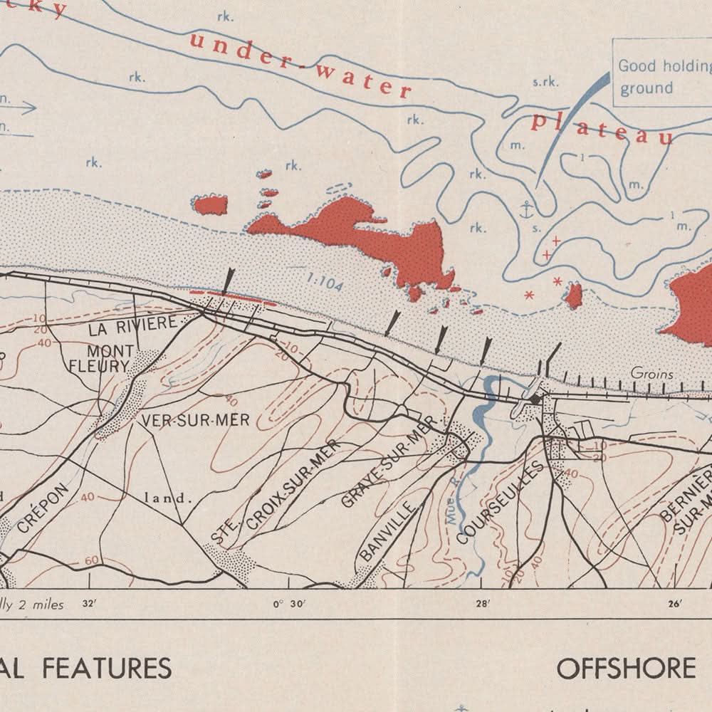 Alte Militärkarte der Normandie von OSS, 1943: Vierville, Arromanches, Ouistreham, D-Day-Planung