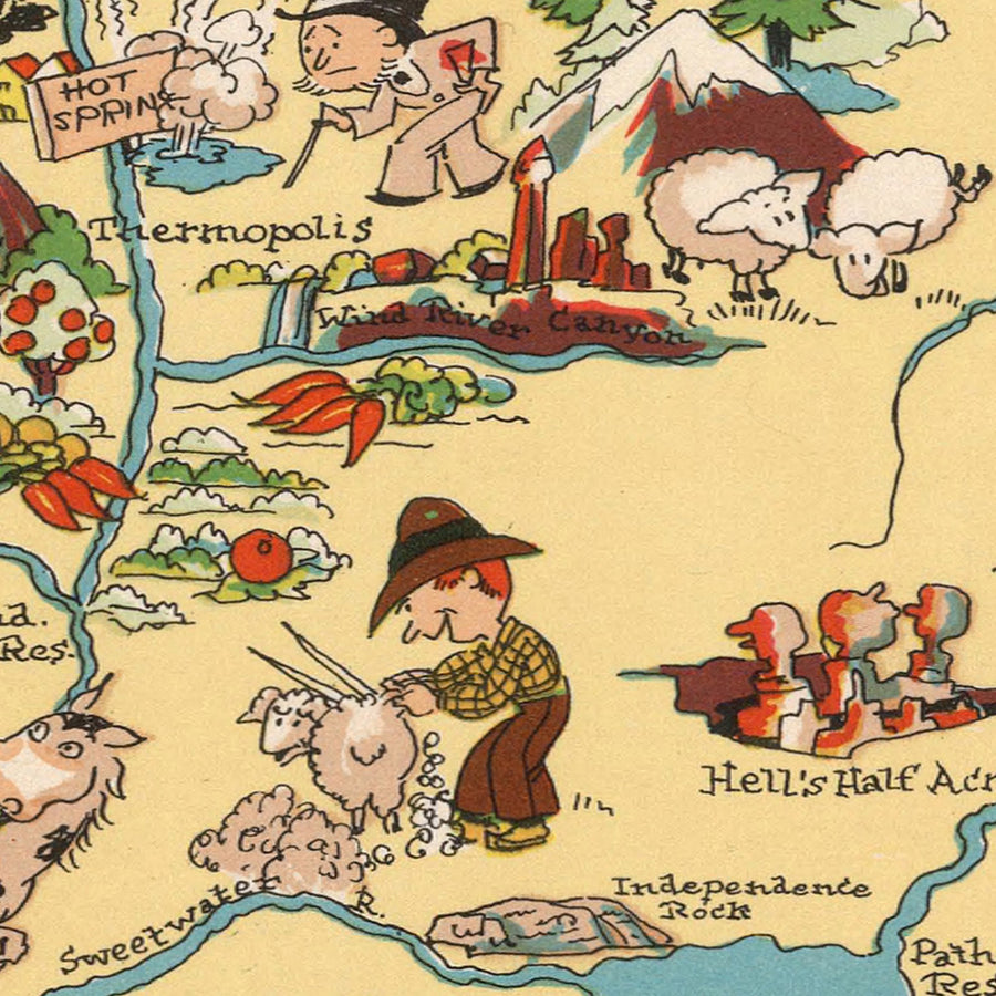 Mappa pittorica del Wyoming di Ruth Taylor White, 1935: Yellowstone, Grand Teton, Continental Divide, Wind River Range, Monti Bighorn 