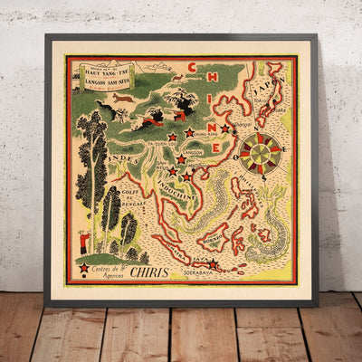 Mapa pictórico antiguo de China de Mazuyer, 1931: Shanghái, dragones, rosa de los vientos, golfo de Bengala, Indochina