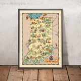 Mapa pictórico de Indiana de Ruth Taylor White, 1935: Indianápolis, Fort Wayne, Evansville, río Wabash, iconos de la industria 