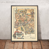 Antica mappa pictorial dell'Arizona di Liozu, 1946: Phoenix, Tucson, Grand Canyon, Foresta Pietrificata, Tombstone 