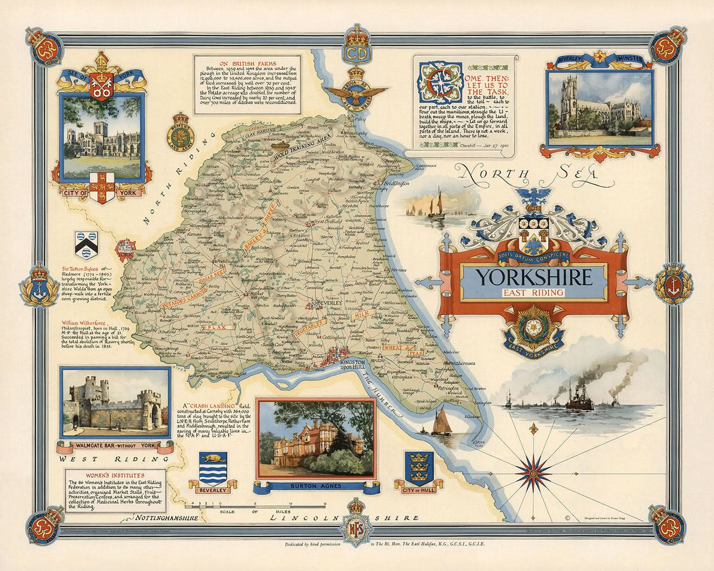 Mapa ilustrado antiguo de East Riding de Clegg, 1946: Hull, Beverley, Segunda Guerra Mundial, Walmgate Bar, Compass Rose