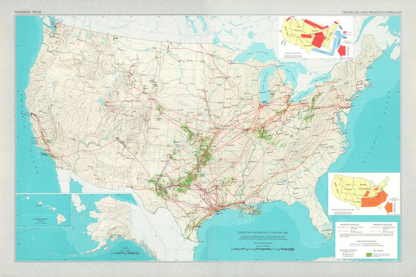 Alte Karte der Vereinigten Staaten, 1966: Pipelines, NYC, LA, Rocky Mountains, Große Seen