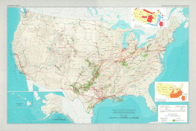 Alte Karte der Vereinigten Staaten, 1966: Pipelines, NYC, LA, Rocky Mountains, Große Seen