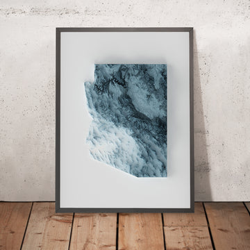 A framed image of a 3D style topographic relief map ofArizona