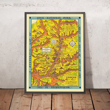 Old Pictorial Map of Zion National Park by Lindgren, 1939: Angels Landing, Watchman, Sinawava, Grafton, West Temple