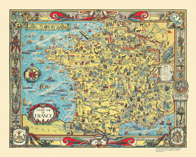 Old Historical Map of France, 1936: Stories, Battles, Landmarks, Famous People