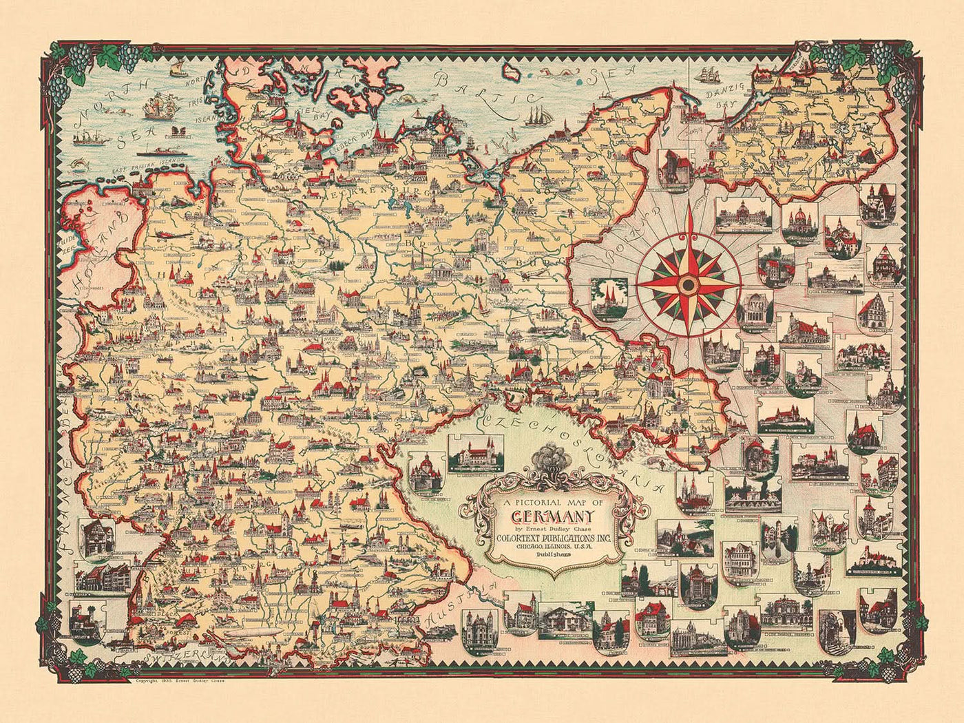 Alte Deutschlandkarte von Chase, 1935: Berlin, München, Nordsee, Sehenswürdigkeiten, Kompass